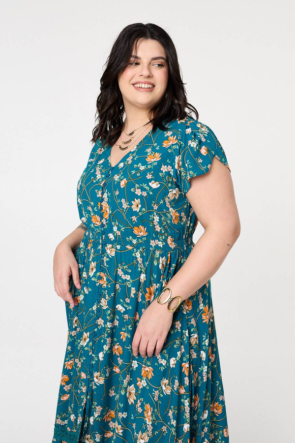 Teal | Curve Floral Cap Sleeve Lace Maxi Dress