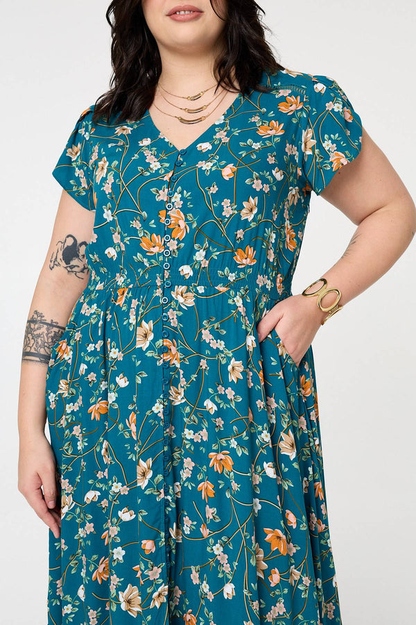 Teal | Curve Floral Cap Sleeve Lace Maxi Dress