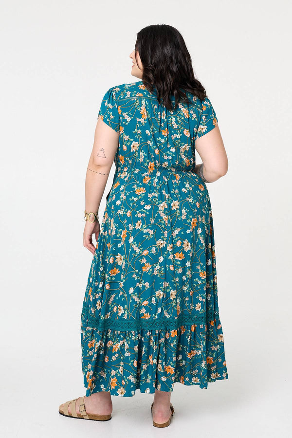 Teal | Curve Floral Cap Sleeve Lace Maxi Dress