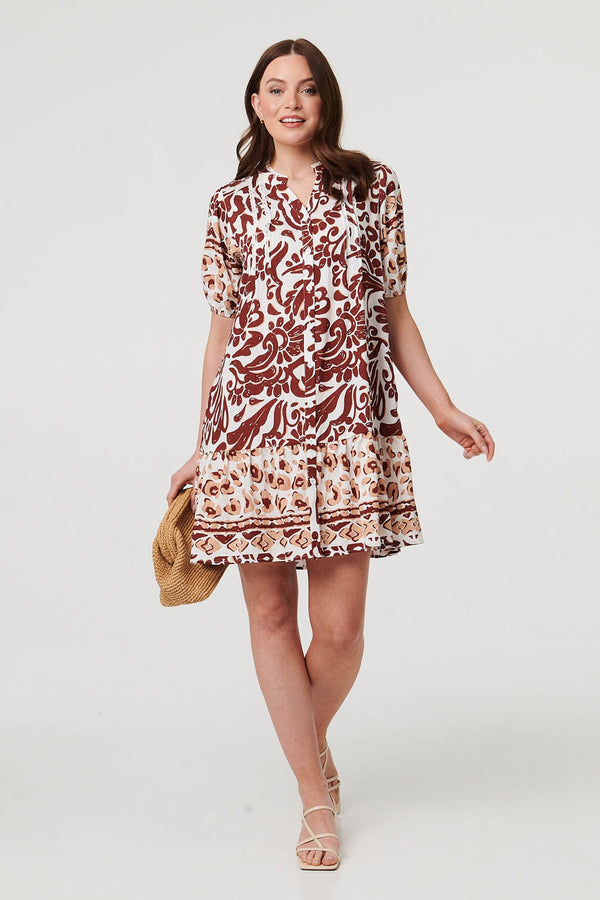 Brown | Border 1/2 Sleeve Short Shirt Dress
