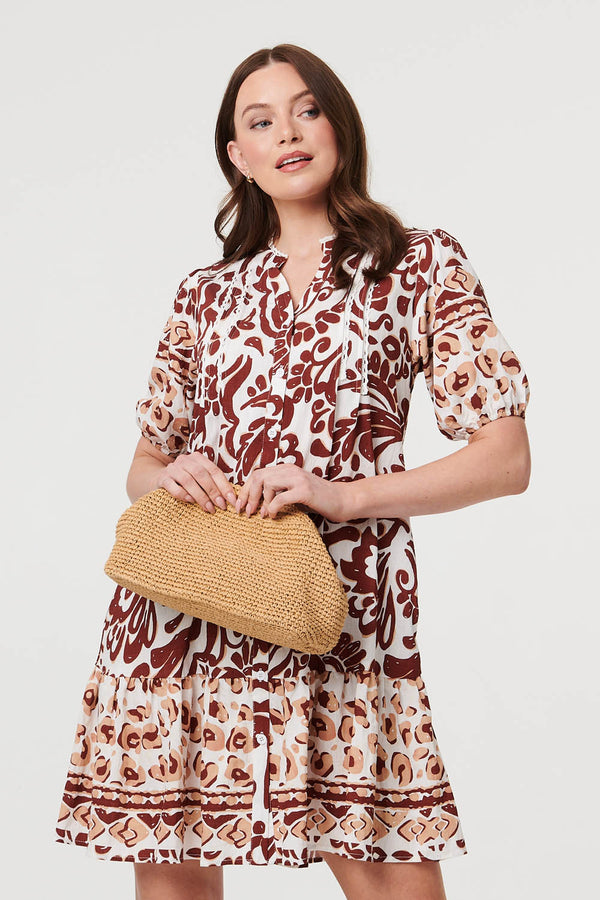 Brown | Border 1/2 Sleeve Short Shirt Dress
