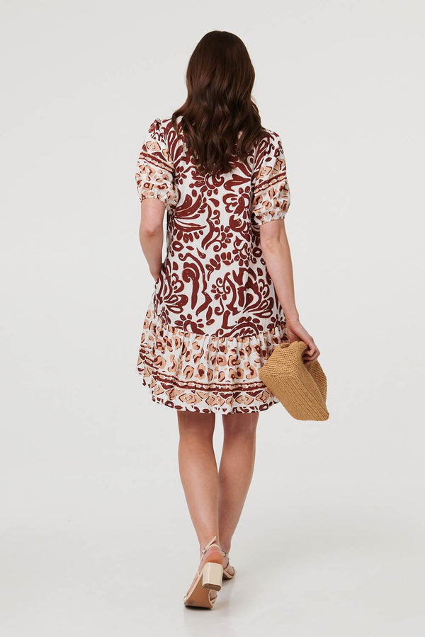Brown | Border 1/2 Sleeve Short Shirt Dress
