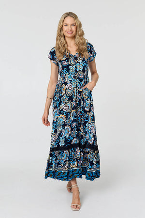 Blue | Floral Lace Trim Cap Sleeved Maxi Dress