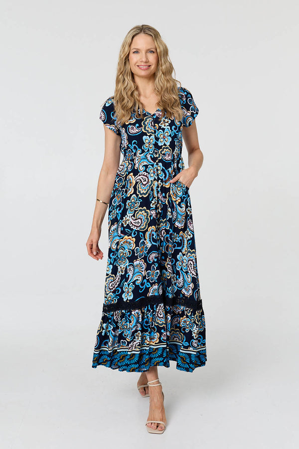 Blue | Floral Lace Trim Cap Sleeved Maxi Dress