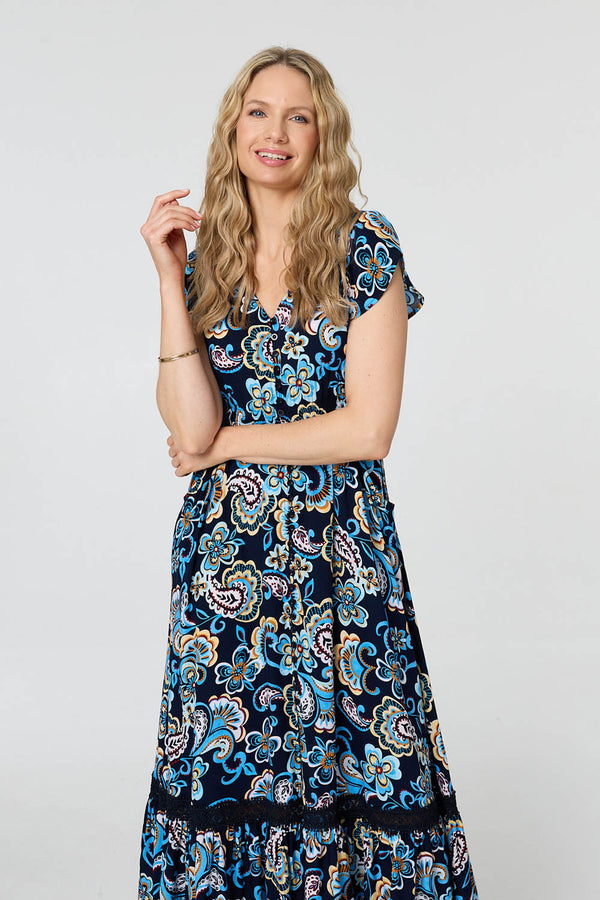 Blue | Floral Lace Trim Cap Sleeved Maxi Dress