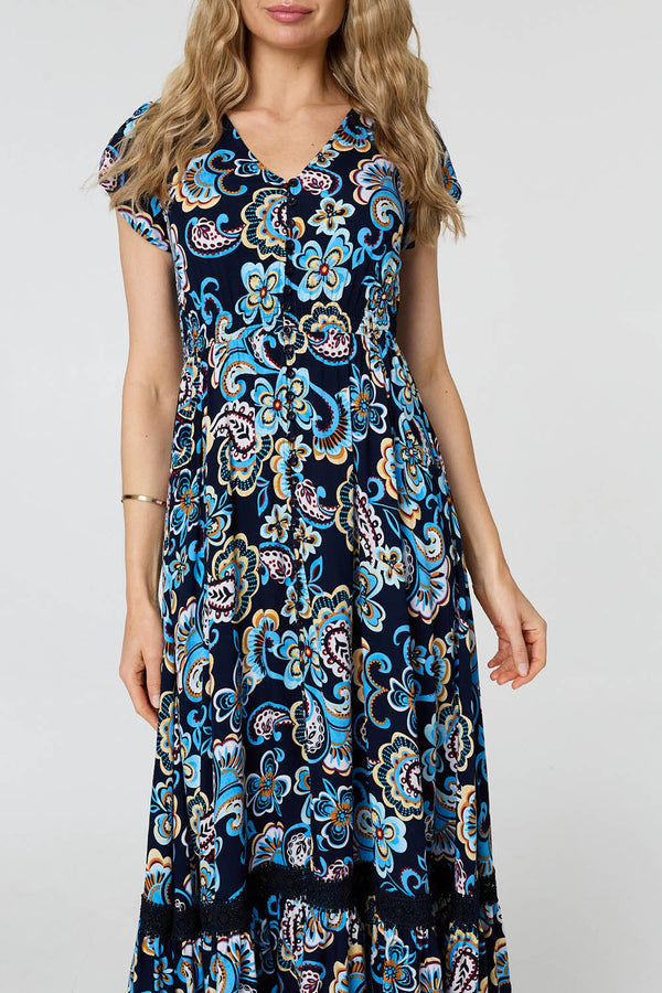 Blue | Floral Lace Trim Cap Sleeved Maxi Dress