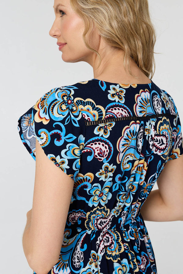 Blue | Floral Lace Trim Cap Sleeved Maxi Dress