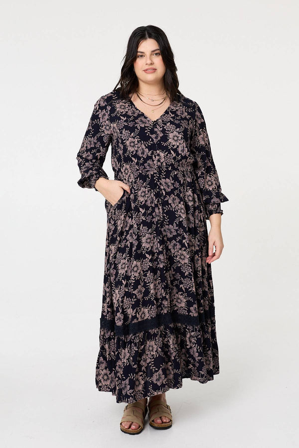 Navy | Curve Floral Lace Long Sleeve Maxi Dress