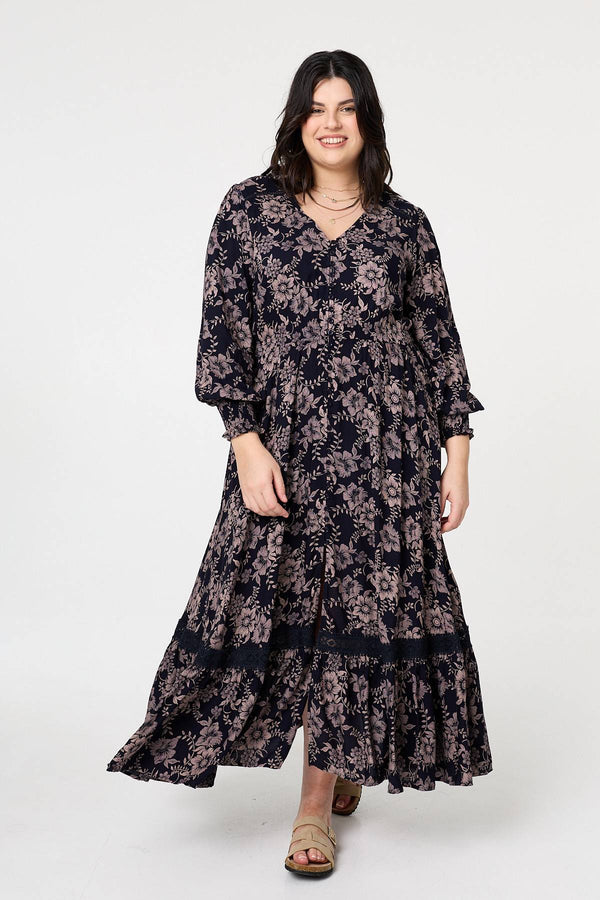 Navy | Curve Floral Lace Long Sleeve Maxi Dress