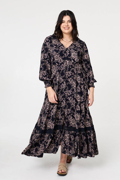 Navy | Curve Floral Lace Long Sleeve Maxi Dress