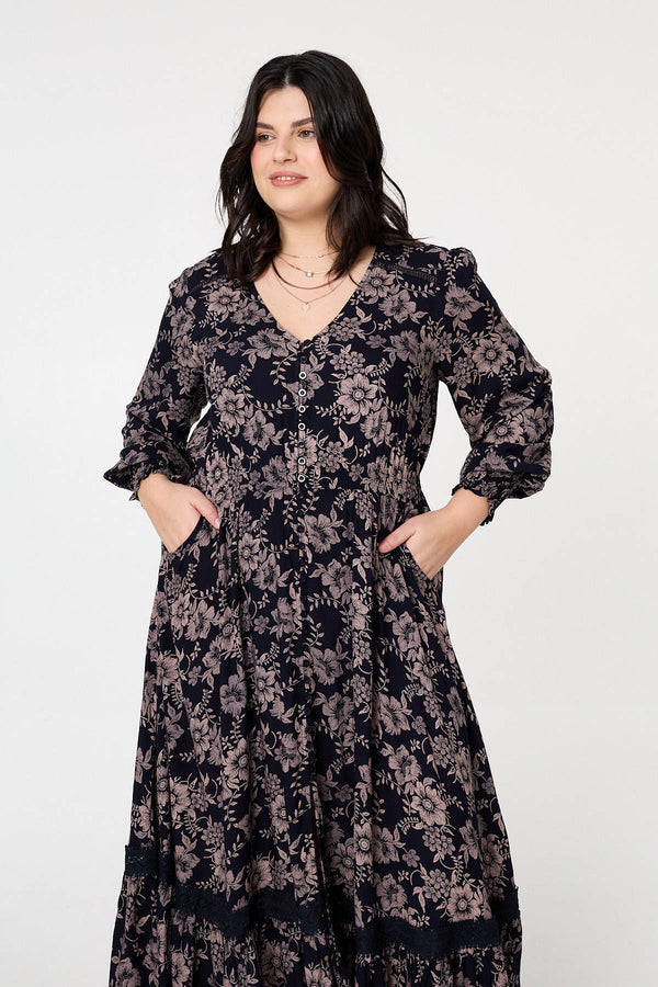 Navy | Curve Floral Lace Long Sleeve Maxi Dress