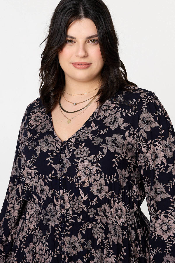 Navy | Curve Floral Lace Long Sleeve Maxi Dress