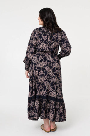 Navy | Curve Floral Lace Long Sleeve Maxi Dress