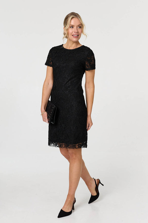 Black | Floral Lace Layer Knee Length Dress
