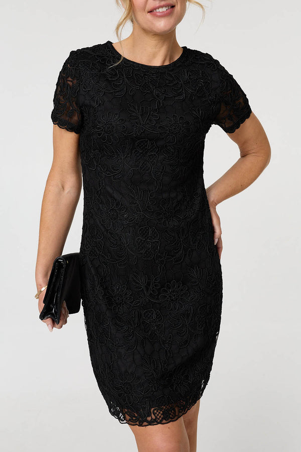 Black | Floral Lace Layer Knee Length Dress
