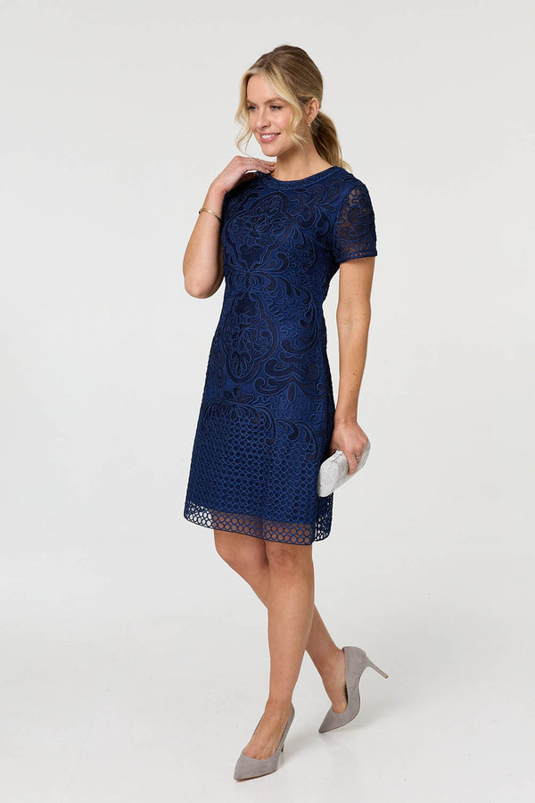 Navy | Sheer Lace Layered Knee Length Dress