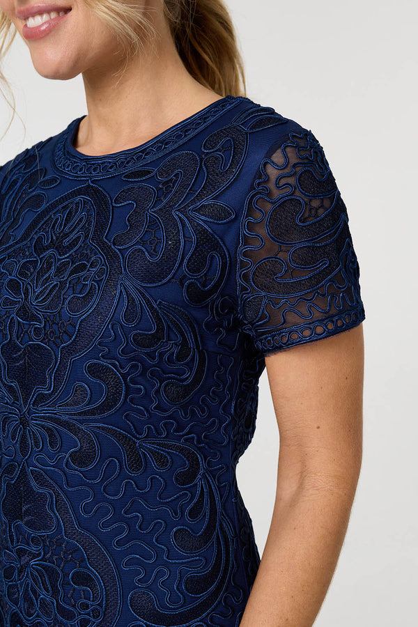 Navy | Sheer Lace Layered Knee Length Dress