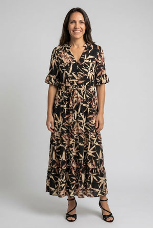 Black | Leaf Print 1/2 Flared Sleeve Midi Dress