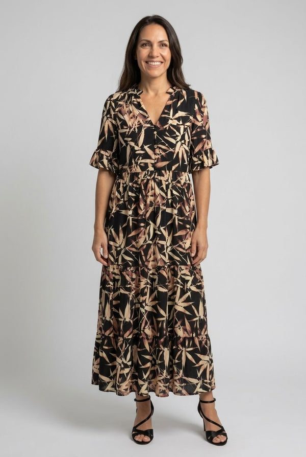 Black | Leaf Print 1/2 Flared Sleeve Midi Dress