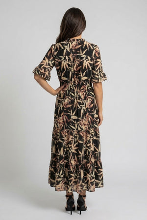 Black | Leaf Print 1/2 Flared Sleeve Midi Dress