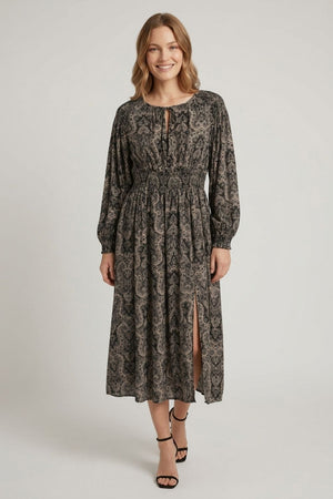 Black | Abstract Shirred Long Sleeve Midi Dress