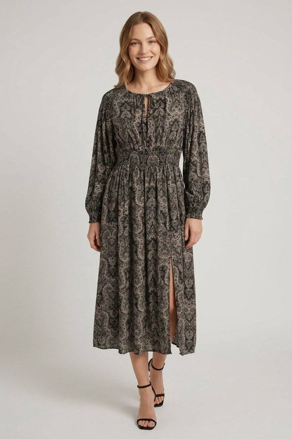 Black | Abstract Shirred Long Sleeve Midi Dress