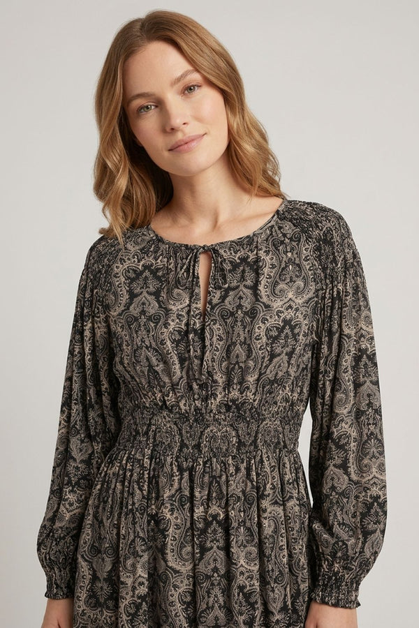 Black | Abstract Shirred Long Sleeve Midi Dress