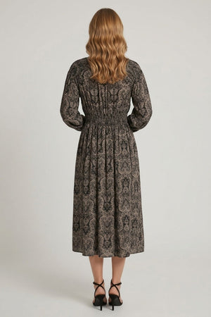 Black | Abstract Shirred Long Sleeve Midi Dress