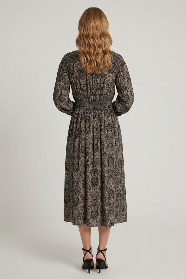 Black | Abstract Shirred Long Sleeve Midi Dress