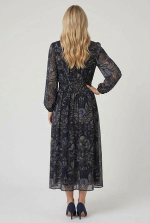 Blue | Floral Layered Long Sleeve Midi Dress