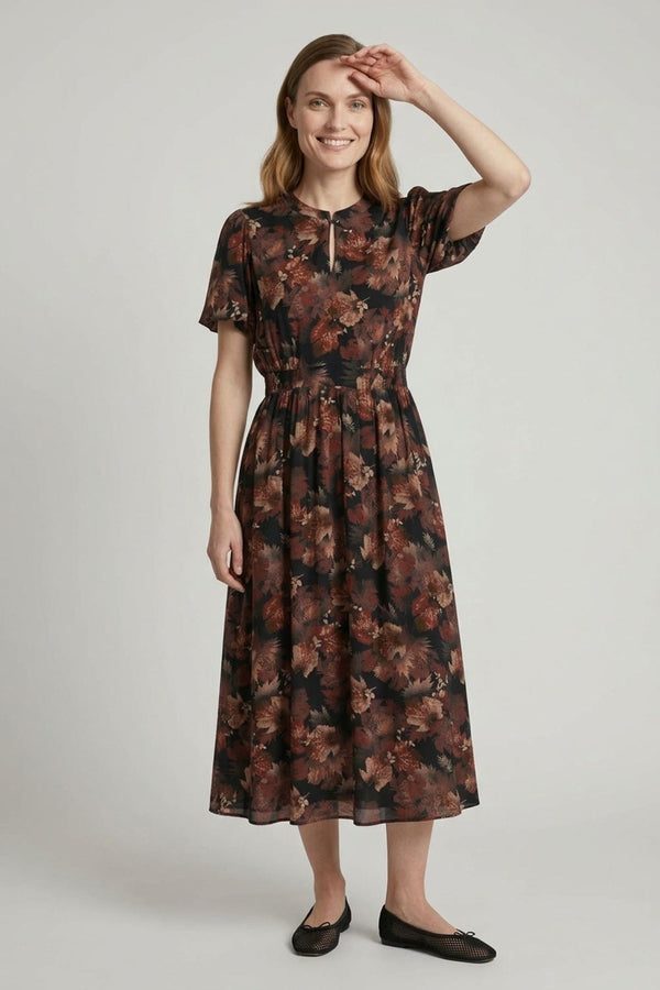 Navy | Printed A-Line Short Sleeve Midi Dress