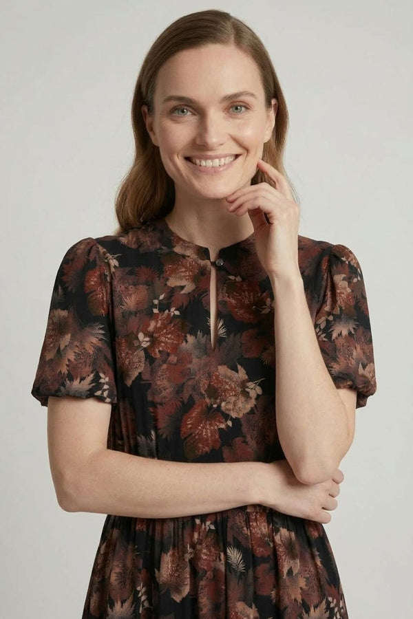 Navy | Printed A-Line Short Sleeve Midi Dress