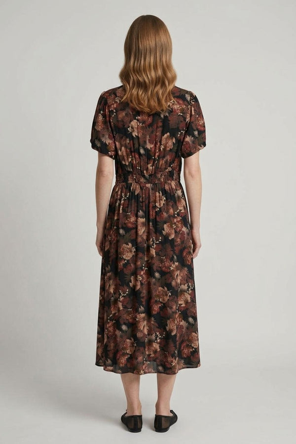 Navy | Printed A-Line Short Sleeve Midi Dress