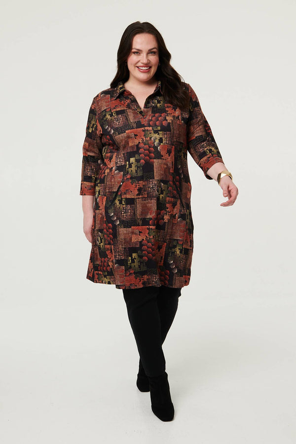Brown | Curve Printed 3/4 Sleeve Collared Short Dress