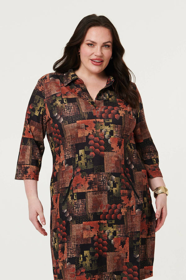 Brown | Curve Printed 3/4 Sleeve Collared Short Dress