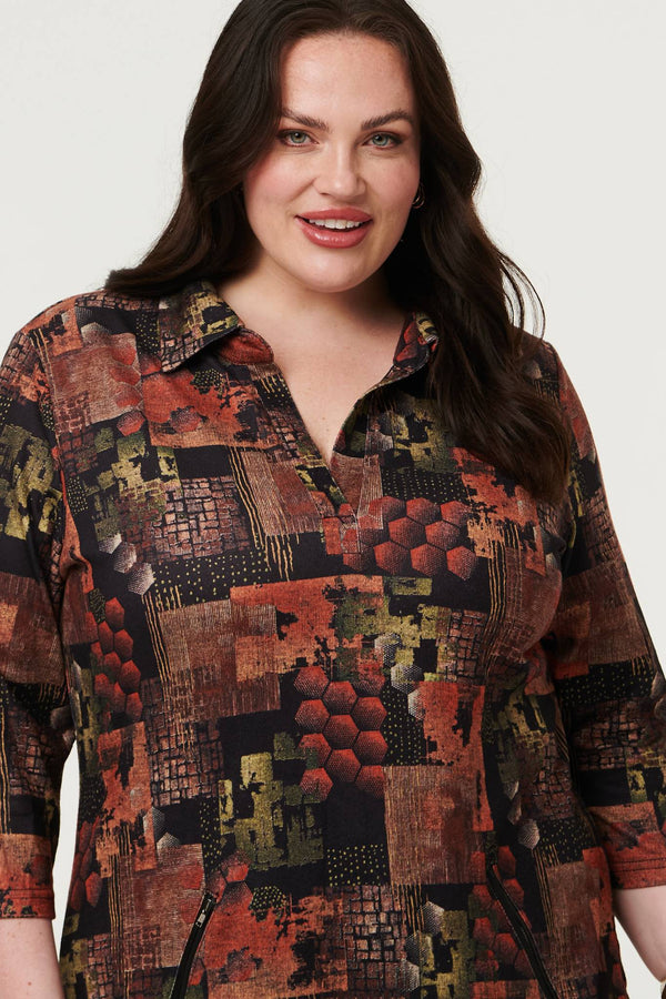 Brown | Curve Printed 3/4 Sleeve Collared Short Dress