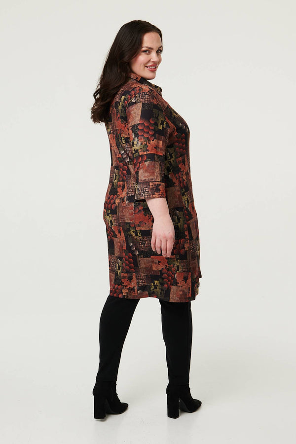 Brown | Curve Printed 3/4 Sleeve Collared Short Dress