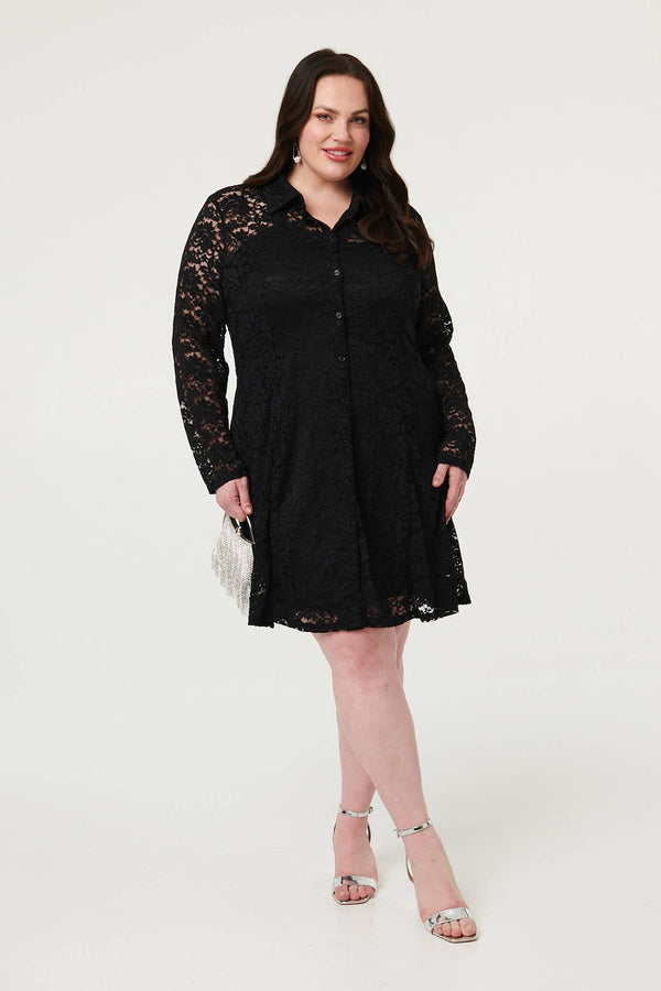 Black | Curve Lace Layer Long Sleeve Short Shirt Dress