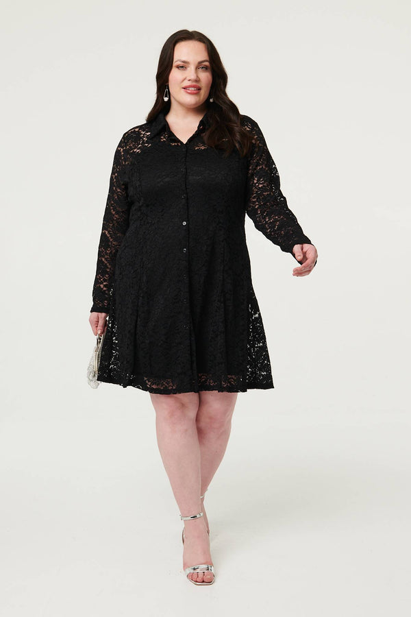Black | Curve Lace Layer Long Sleeve Short Shirt Dress