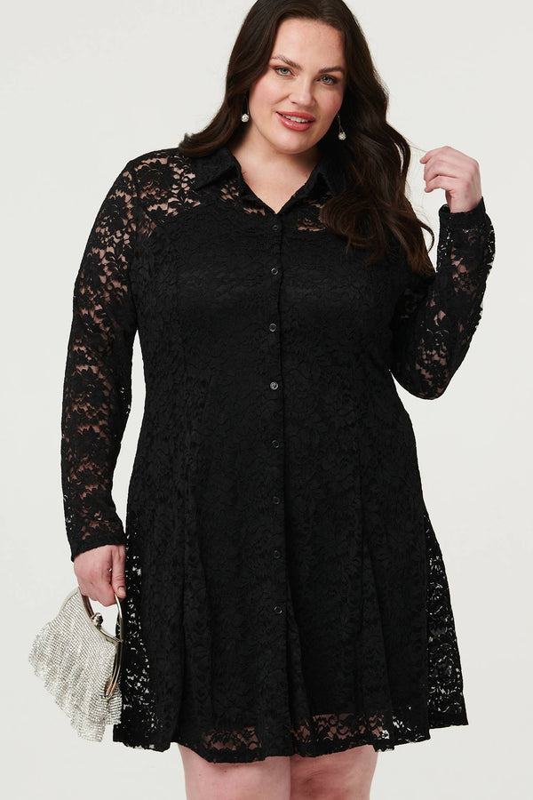 Black | Curve Lace Layer Long Sleeve Short Shirt Dress