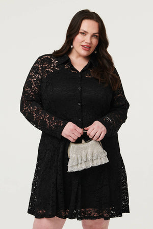 Black | Curve Lace Layer Long Sleeve Short Shirt Dress