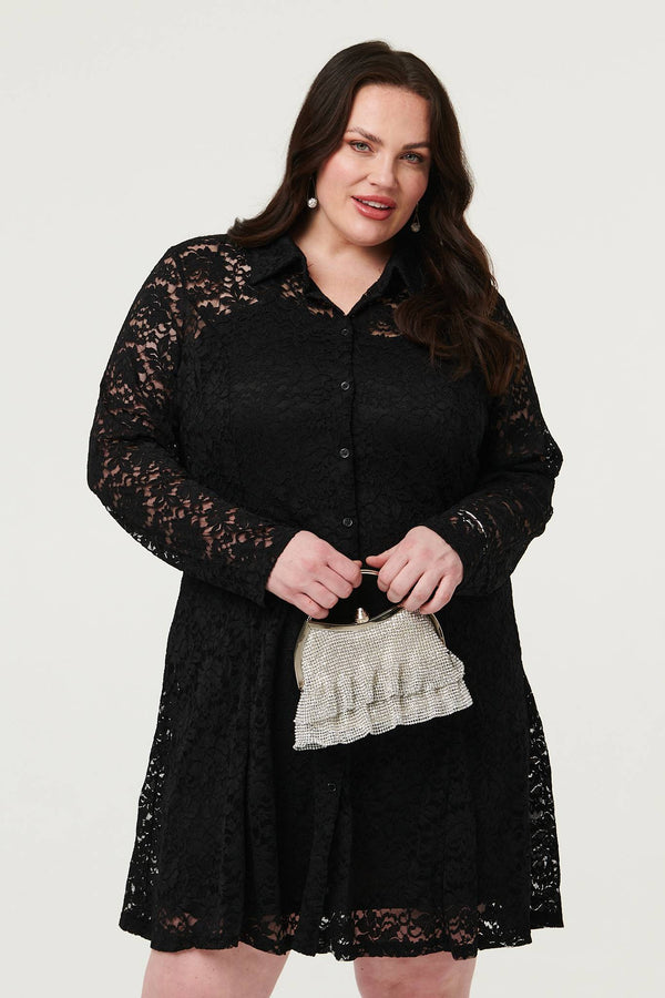 Black | Curve Lace Layer Long Sleeve Short Shirt Dress