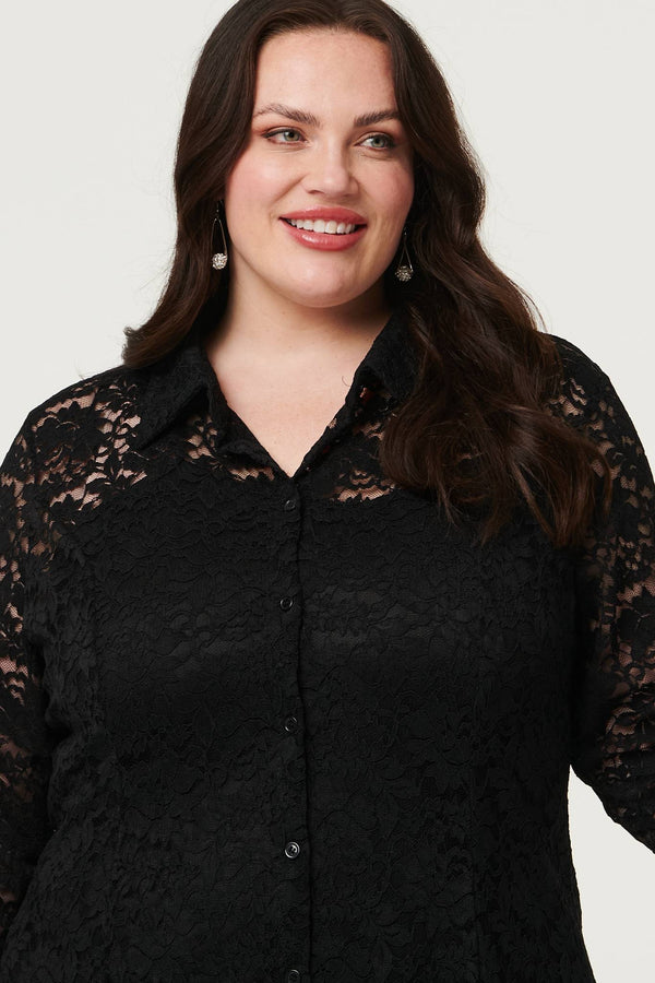 Black | Curve Lace Layer Long Sleeve Short Shirt Dress