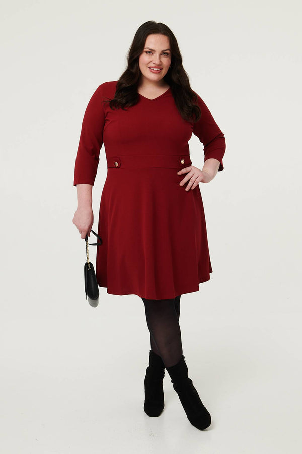 Red | Curve V-Neck 3/4 Sleeve Short Skater Dress