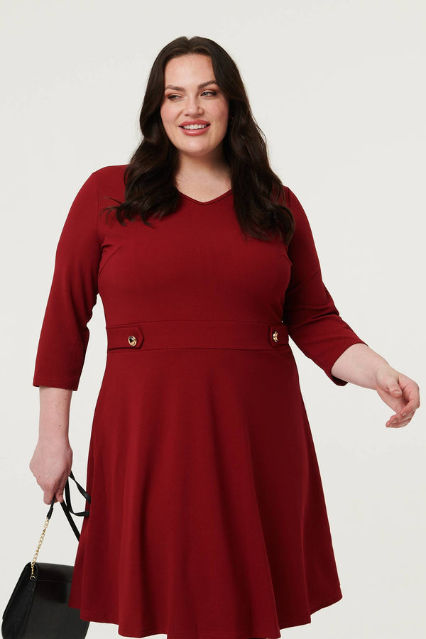 Red | Curve V-Neck 3/4 Sleeve Short Skater Dress
