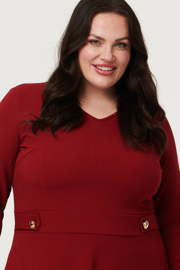 Red | Curve V-Neck 3/4 Sleeve Short Skater Dress