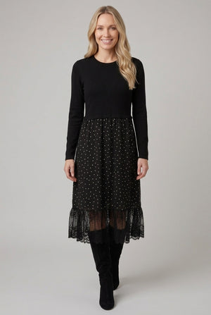 Black | Polka Dot Print Lace Hem Midi Dress : Model is 5'7