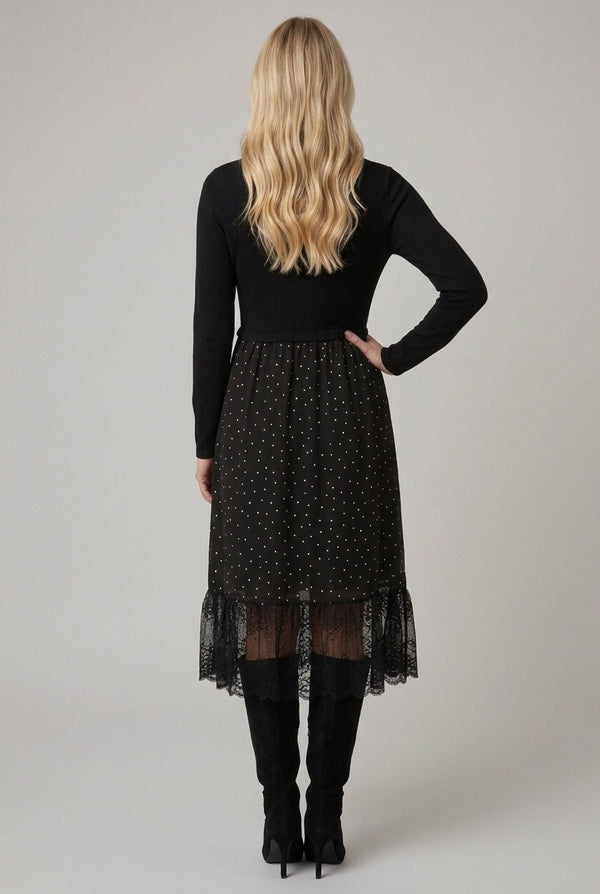 Black | Polka Dot Print Lace Hem Midi Dress