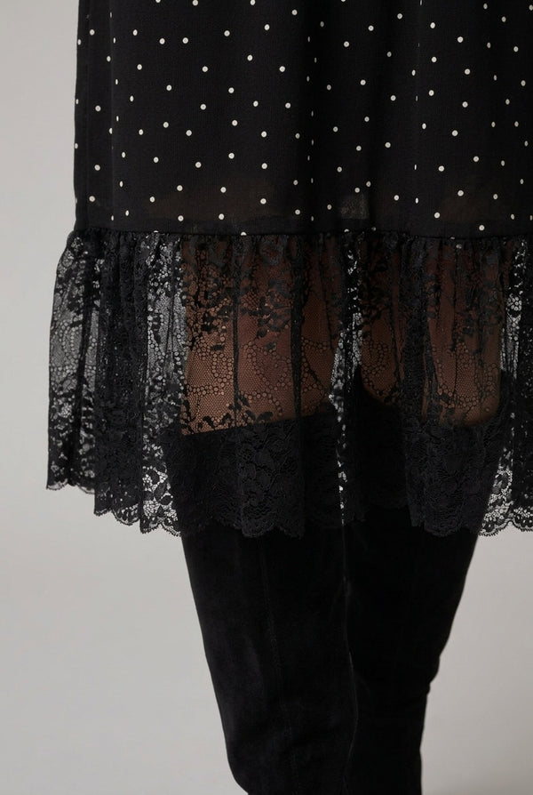 Black | Polka Dot Print Lace Hem Midi Dress