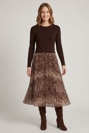Brown | Animal Print Pleated Midi Dress
